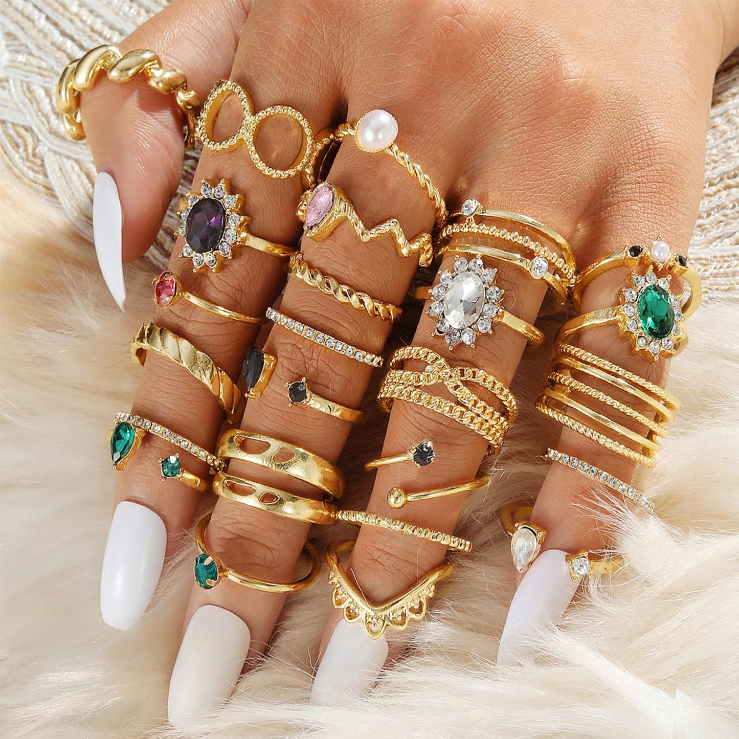IFKM 36 PCS Gold Plated Jewelry Set with 4 PCS Necklace, 11 PCS Bracelet, 7 PCS Ear Cuffs Earring, 14 Pcs Knuckle Rings for Women Girls Valentine Anniversary Birthday Friendship Gift