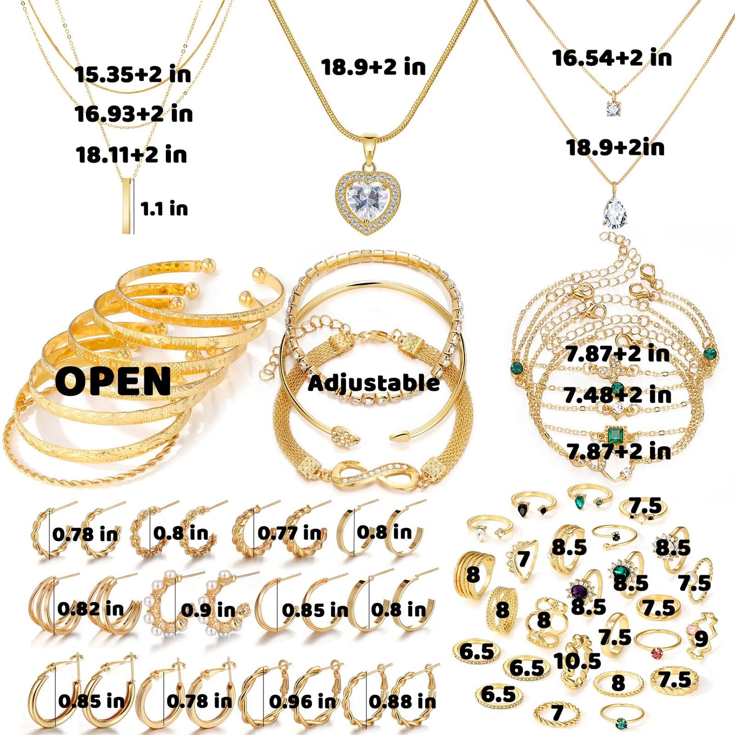 IFKM 36 PCS Gold Plated Jewelry Set with 4 PCS Necklace, 11 PCS Bracelet, 7 PCS Ear Cuffs Earring, 14 Pcs Knuckle Rings for Women Girls Valentine Anniversary Birthday Friendship Gift