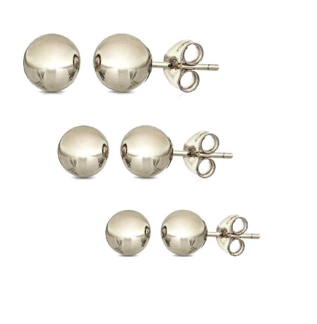 14K Solid Gold Ball Stud Earrings (3-Pair-Pack) 3MM 4MM and 5MM - Choose a Color