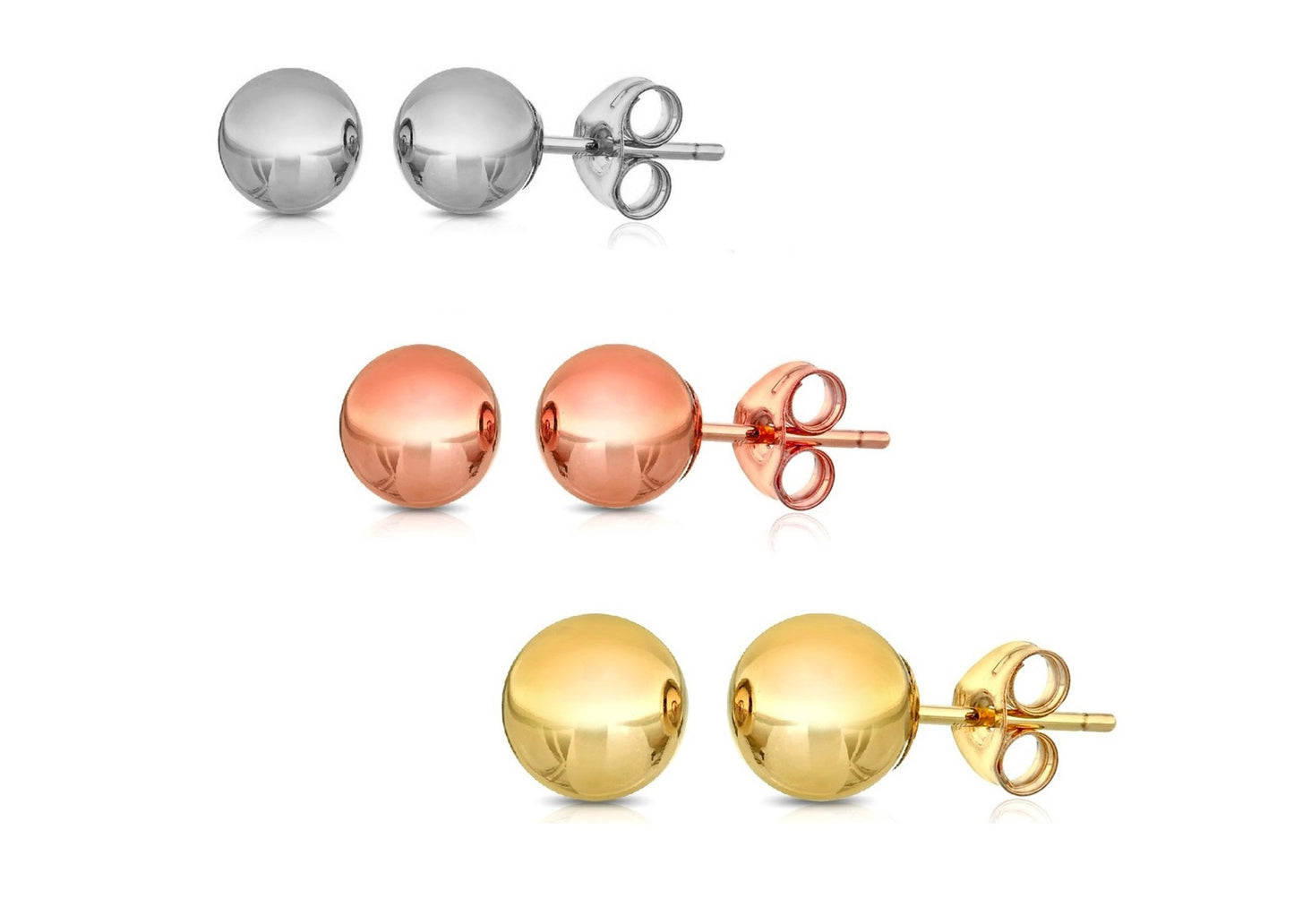 14K Solid Gold Ball Stud Earrings (3-Pair-Pack) 3MM 4MM and 5MM - Choose a Color