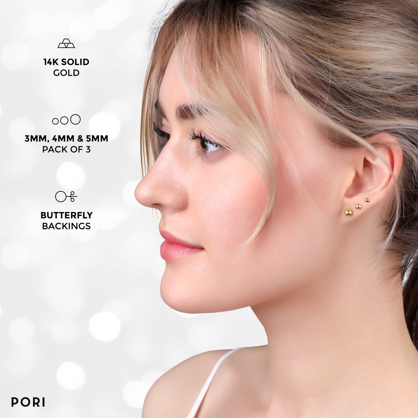 14K Solid Gold Ball Stud Earrings (3-Pair-Pack) 3MM 4MM and 5MM - Choose a Color